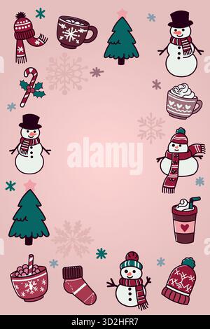 Une illustration vectorielle vibrante mettant en vedette une collection d'éléments colorés d'hiver et de Noël disposés autour du périmètre sur un fond rose clair Illustration de Vecteur