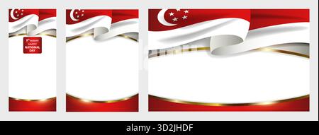 Drapeau national de Singapour dans un style de ruban ondulé dynamique. Comprend trois formats, le format mobile vertical et des modèles d'affiche avec un espace blanc pour UC Illustration de Vecteur