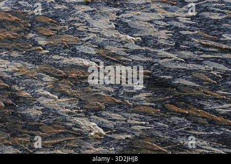 Vue rapprochée du fond naturel de texture de roche grise et brune. Cette surface de pierre brute montre un motif géologique en couches avec chara solide et terreux Banque D'Images