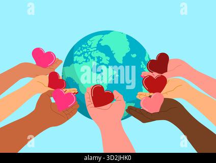 Mains diverses donnant l'amour au monde. Journée internationale de la Charité, de l'unité, de la gentillesse et de l'illustration du soutien mondial. Illustration de Vecteur