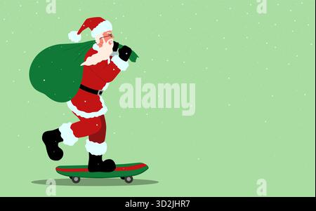 Illustration vectorielle amusante et ludique du Père Noël chevauchant une planche à roulettes tout en portant un sac vert de cadeaux. L'espace vide sur la droite est excellent Illustration de Vecteur