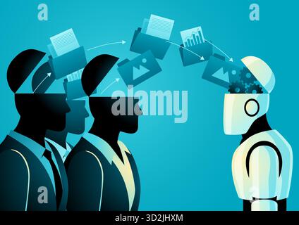 Illustration vectorielle de gens d'affaires sans visage transférant des données et des connaissances dans un robot. Icônes de fichiers représentant des documents, des images et des analyses Illustration de Vecteur