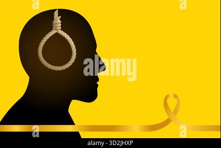 Concept de sensibilisation au suicide pour la Journée mondiale de prévention du suicide. Silhouette de tête avec nœud coulant à l'intérieur sur fond jaune. Illustration de Vecteur