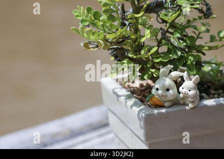 Deux figurines de lapin mignonnes avec carotte par petite plante verte dans un pot en béton. charmante décoration de jardin miniature pour une maison paisible et fantaisiste inter Banque D'Images