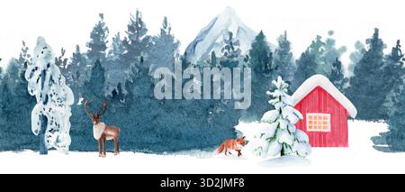 Paysage forestier d'hiver avec des arbres enneigés, des montagnes, une cabane rouge, cerfs, renards. Motif sans couture aquarelle peint à la main dans des tons doux et froids, parfait pour Banque D'Images