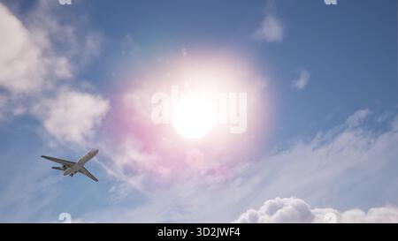 Avion volant sur l'arrière-plan du rendu Sun 3D. Banque D'Images