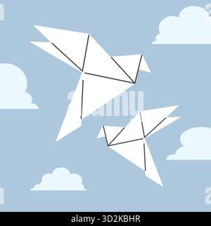 Deux colombes blanches en origami volant dans le ciel. Oiseaux en papier pliés. Pigeons origami. Illustration vectorielle Illustration de Vecteur