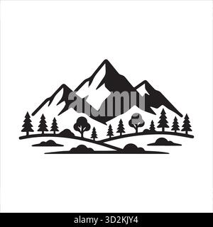 Icône paysage de montagne avec arbres, collines et sommets Illustration de Vecteur