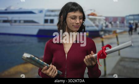 Jeune femme sourit et tient livre et ruban rouge attaché rouleau de diplôme avec les mains au port ; fierté succès. Banque D'Images