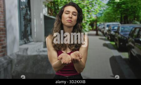 Femme tient les mains vides dans un geste de mendicité avec le regard suppliant sur la rue de la ville ; désespoir. Banque D'Images