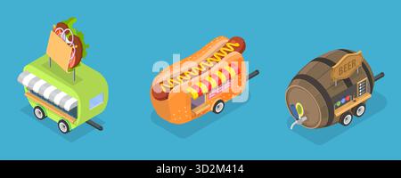 Illustration conceptuelle plate isométrique 3D de camions de nourriture de rue, restaurant mobile illustration conceptuelle plate isométrique 3D de camions de nourriture de rue, restaurant mobile Banque D'Images