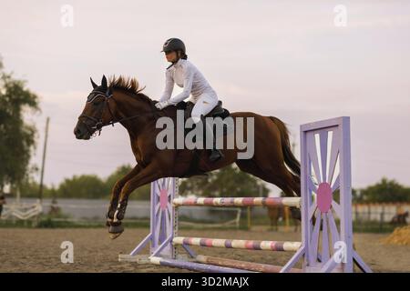 Cheval de dressage et cavalier en uniforme pendant la compétition de saut équestre Banque D'Images