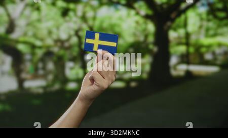 Main tenant un écusson du drapeau suédois à l'extérieur dans un parc, mettant en valeur la fierté nationale et l'identité culturelle dans un cadre naturel. Banque D'Images