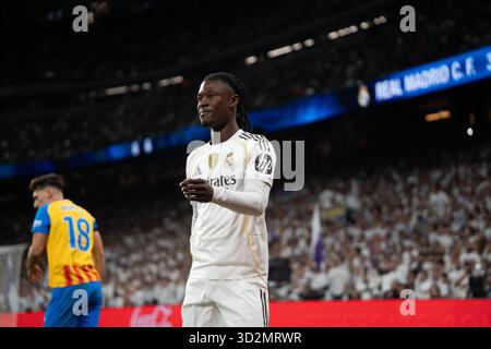 Eduardo Camavinga souriant lors du match de LaLiga contre Valence à Santiago Bernabeu, Madrid, 02/11/2025. Banque D'Images