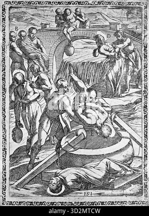 Torture, épreuve, Inquisition, a. condamnés jetés dans une rivière avec une lourde pierre à leur pied, b. jetés dans l'eau enveloppée dans un filet, c. jetés dans une rivière voisine avec une pierre autour de leur cou, d. avec un poids de plomb autour de leur cou, e. jetés la tête la première dans un puits, illustration, reproduction d'un original du XVIe siècle, moyen âge, authentique, fichier restauré pour une utilisation optimale, date exacte de l'original inconnue Banque D'Images