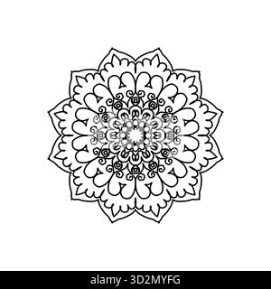 Mandala d'art à la ligne noire simple avec pétales floraux doux et motifs tourbillons délicats Illustration de Vecteur