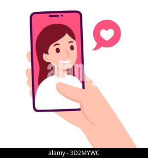 Passez des appels vidéo avec un être cher. Main tenant smartphone avec femme à l'écran. Rencontres en ligne, amitié, famille. Illustration vectorielle de dessin animé plat simple. Illustration de Vecteur