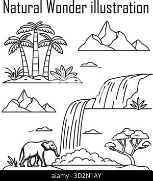 Merveilles naturelles et paysages pittoresques – monuments naturels emblématiques, montagnes, cascades, canyons et formations terrestres Illustration de Vecteur