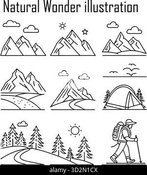 Merveilles naturelles et paysages pittoresques – monuments naturels emblématiques, montagnes, cascades, canyons et formations terrestres Illustration de Vecteur