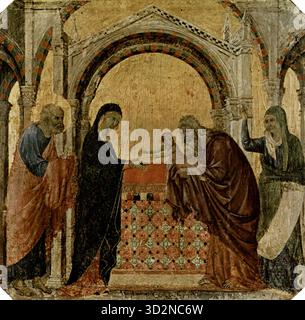 Présentation au Temple Duccio di Buoninsegna (v. 1308–1311) Tempera et or sur panneau, une partie du retable de Maestà, créé à l'origine pour la cathédrale de Sienne, en Italie. Banque D'Images