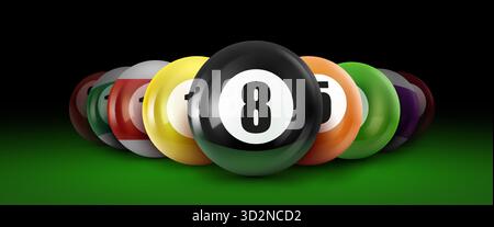 Support coloré de boules de billard avec la boule noire huit en focus, placé sur un fond sombre sur une table verte. Illustration vectorielle. Illustration de Vecteur