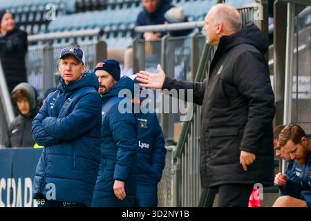 Drammen 20251102. L'entraîneur des Vikings Morten Jensen, l'entraîneur Bjarte Lunde Aarsheim et l'entraîneur de Strømsgodset Dag-Eilev Fagermo lors du match de football d'élite entre Strømsgodset et Viking au stade Marienlyst. Photo : Trond R. Teigen / NTB ce texte est traduit automatiquement Banque D'Images