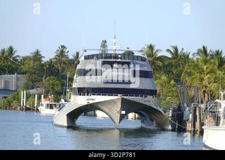Port Douglas, Queensland, Australie 3 octobre 2025 le catamaran futuriste Quicksilver amarré à quai du port extérieur de Port Dougl Banque D'Images