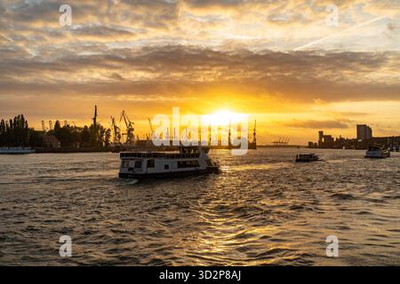 Grues portuaires de Hambourg et bateaux au coucher du soleil sur l'Elbe Banque D'Images