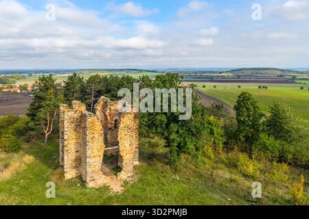 Explorez les ruines antiques de la chapelle de l'exaltation de la Sainte Croix à Bristev. Les vestiges s'élèvent au milieu d'une végétation luxuriante et de champs pastoraux, mettant en valeur un mélange d'histoire et de nature. Banque D'Images