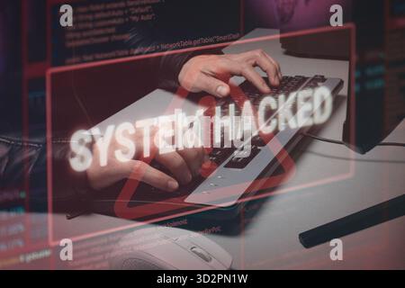 Gros plan sur un homme hacker main écrivant sur un clavier avec un système de conseils piraté et une composition de code dans la technique de double exposition Banque D'Images