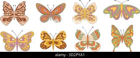 Ensemble d'autocollants papillon rétro Groovy Doodle Illustration de Vecteur