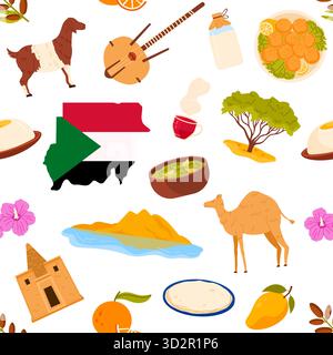 Soudan modèle sans couture avec drapeau national, nourriture traditionnelle, chameau, chèvre, instrument de musique, arbre, et repères locaux, isolé sur l'illustration vectorielle de fond blanc Illustration de Vecteur