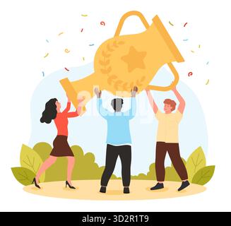 Trois collègues divers soulevant un trophée d'or géant ensemble, symbolisant le travail d'équipe, la réussite et le succès commercial, avec des confettis et des plantes, isolés sur fond blanc illustration vectorielle Illustration de Vecteur