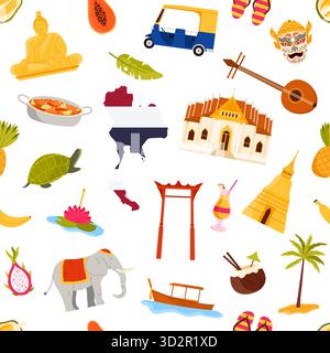 Éléments thaïlandais traditionnels, y compris temples, nourriture, fruits, tuk tuk, éléphant, et la carte arrangée dans un modèle transparent pour le voyage et l'illustration vectorielle de thèmes de culture Illustration de Vecteur