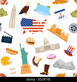 Modèle sans couture de culture américaine avec des repères, de la nourriture, des symboles et des traditions, y compris Statue de la liberté, drapeau et 4 juillet sur illustration vectorielle de fond blanc Illustration de Vecteur