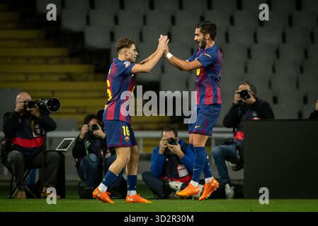 Barcelone, Espagne. 02 novembre 2025. Ferran Torres (FC Barcelone) et Fermin Lopez (FC Barcelone) sont célébrés lors d'un match la Liga EA Sports entre le FC Barcelone et Elche CF à l'Estadi Olimpic Lluis Companys à Barcelone, Espagne, le 02 novembre 2025. Photo de Felipe Mondino crédit : Agence photo indépendante/Alamy Live News Banque D'Images