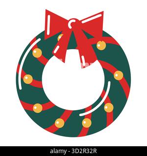 Couronne de Noël de style plat avec noeud. Icône festive. Illustration isolée vectorielle dessinée à la main. Illustration de Vecteur