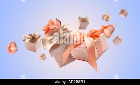 Boîtes cadeaux volant dans l'air sur fond dégradé bleu Banque D'Images