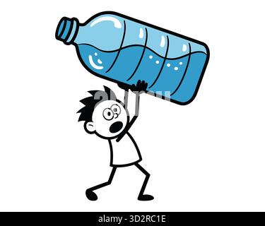 Homme de dessin animé luttant avec l'énorme illustration graphique de bouteille d'eau Illustration de Vecteur