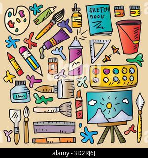 Ensemble d'outils et d'objets d'art dessinés à la main. Illustration vectorielle. Illustration de Vecteur