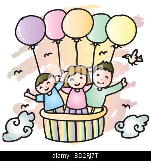 S'amuser en montgolfière. Illustration vectorielle dessinée à la main. Illustration de Vecteur