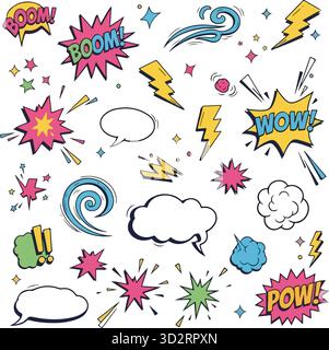 Ensemble d'effets de bande dessinée Boom et Pow Cartoon, esquisse dessinée à la main griffonner des éléments explosifs avec des bulles de parole, éclaboussures d'action, nuages de fumée et texte wow Illustration de Vecteur