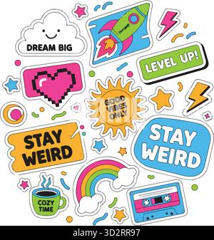 Y2K Retro Sticker Pack, vintage des années 90 et 2000 inspiré des patchs funky avec des phrases cool, une canette de soda, un emoji acide et des graphismes de coeur dans hipster grunge sty Illustration de Vecteur