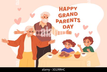 Affiche de la fête des grands-parents heureux. Grand-père et grand-mère buvant du thé avec des enfants mignons, affiche de famille drôle, parents, petits-enfants dessin animé plat Illustration de Vecteur