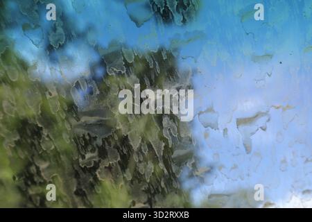 Fenêtre de voiture sale avec tache créant un fond abstrait. Une vue obscure et floue d'un paysage extérieur avec un arbre vert et un ciel bleu vu de moi Banque D'Images