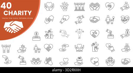 Ensemble d'icônes de Charity and donation Line, axé sur la charité, le don et l'aide humanitaire. Illustration vectorielle Illustration de Vecteur