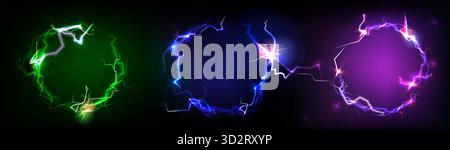 Cadres de foudre au néon ronds isolés sur fond noir. Illustration réaliste vectorielle de bordures circulaires de boulon de tonnerre, vert, bleu, violet effet de décharge d'énergie électrique, frappe de puissance magique Illustration de Vecteur