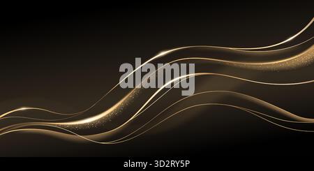 Vagues dorées abstraites sur fond noir. Illustration réaliste vectorielle de lignes courbes jaunes scintillantes de luxe avec effet scintillant de paillettes, modèle de présentation avec espace pour le texte, design magique Illustration de Vecteur