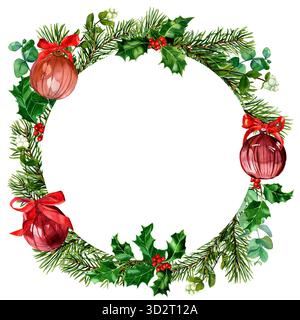 Aquarelle cadre rond de brindilles d'épicéa, poinsettia, houx isolé. Illustration de la bordure de Noël avec des boules de verre de jouet d'arbre et des arcs rouges. Banque D'Images