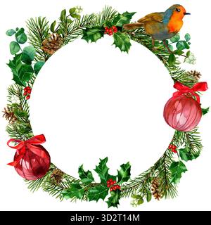 Aquarelle cadre rond de brindilles d'épicéa, poinsettia, houx isolé. Illustration de la frontière de Noël avec oiseau Robin et des arcs rouges. Conception hivernale Banque D'Images